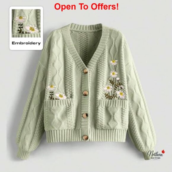 Chunky Cable Knit Cardigan with Floral Embroidery V-Neck Button Down Pockets - Picture 3 of 5